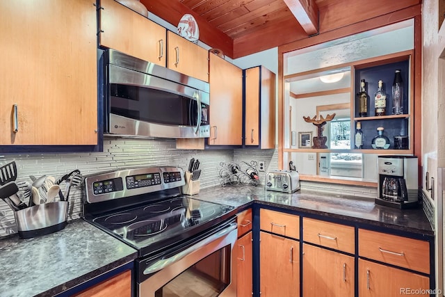 620 Tennis Club Rd Unit 1339, Dillon, CO 80435 - kitchen with stainless steel appliances, a wooden ceiling with exposed beams, decorative backsplash, open shelves, and dark stone countertops