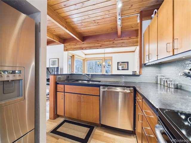 620 Tennis Club Rd Unit 1339, Dillon, CO 80435 - kitchen featuring appliances with stainless steel finishes, a wood ceiling with exposed beams, dark countertops, light wood-style floors, and brown cabinetry