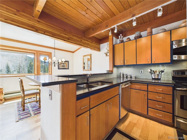 620 Tennis Club Rd Unit 1339, Dillon, CO 80435 - kitchen featuring stainless steel appliances, a wood ceiling with exposed beams, light wood finished floors, decorative backsplash, and a peninsula