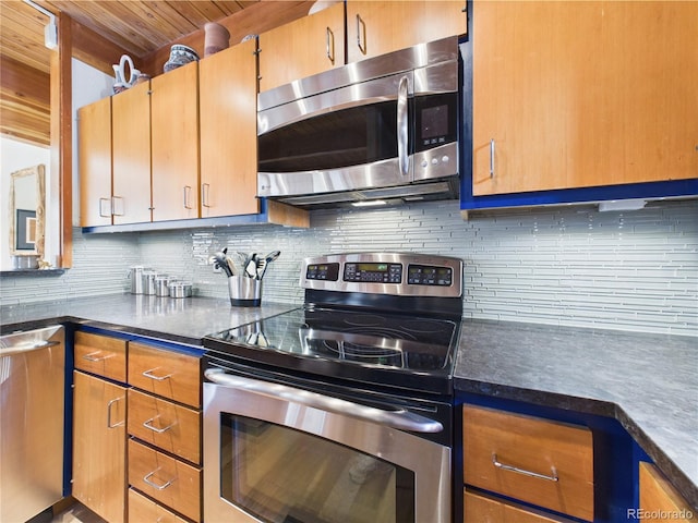 620 Tennis Club Rd Unit 1339, Dillon, CO 80435 - kitchen with stainless steel appliances, dark countertops, backsplash, and wooden ceiling