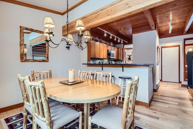 620 Tennis Club Rd Unit 1339, Dillon, CO 80435 - dining room with a wooden ceiling with exposed beams, rail lighting, light wood-style floors, and a chandelier