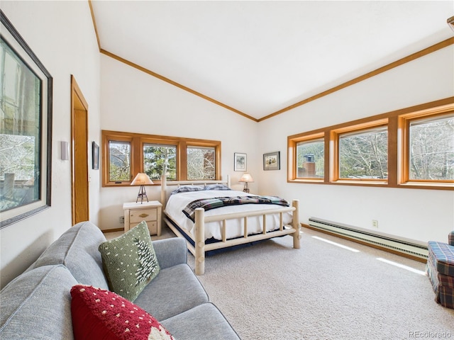620 Tennis Club Rd Unit 1339, Dillon, CO 80435 - bedroom with a baseboard heating unit, lofted ceiling, multiple windows, carpet floors, and crown molding