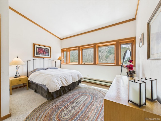 620 Tennis Club Rd Unit 1339, Dillon, CO 80435 - bedroom featuring baseboard heating, vaulted ceiling, multiple windows, ornamental molding, and carpet