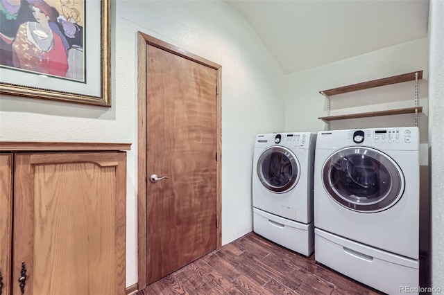 195 Briggs St, Erie, CO 80516 - clothes washing area with washer and dryer, laundry area, and dark wood-style flooring