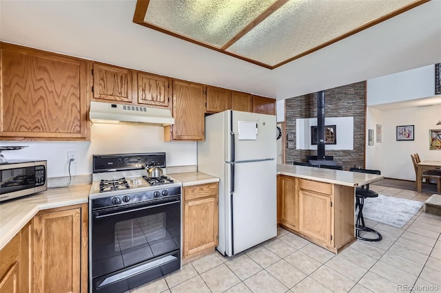 195 Briggs St, Erie, CO 80516 - kitchen with under cabinet range hood, stainless steel microwave, freestanding refrigerator, light countertops, and gas range