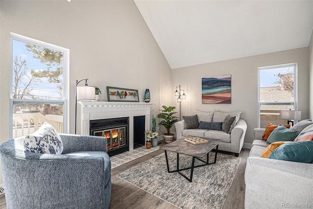 living room featuring a fireplace with flush hearth, high vaulted ceiling, and wood finished floors