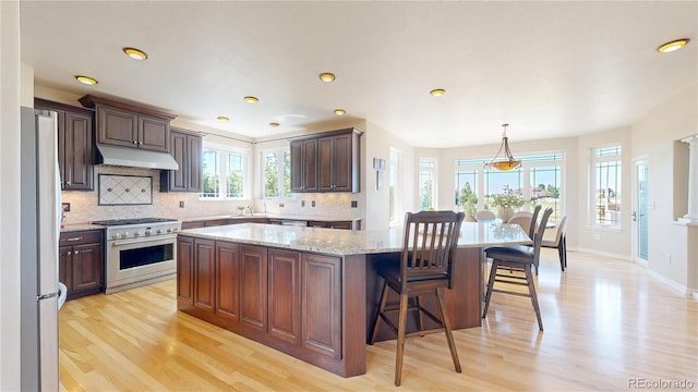 9353 E 146th Ave, Brighton, CO 80602 - kitchen featuring stainless steel appliances, under cabinet range hood, light wood-style floors, backsplash, and recessed lighting