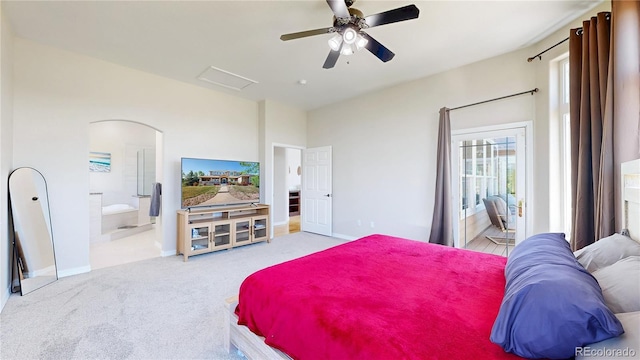 9353 E 146th Ave, Brighton, CO 80602 - bedroom featuring arched walkways, carpet flooring, ensuite bath, and ceiling fan