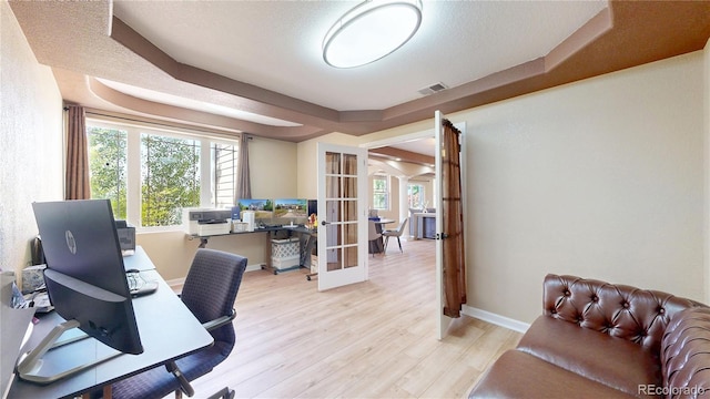 9353 E 146th Ave, Brighton, CO 80602 - office with french doors, a raised ceiling, light wood-type flooring, and healthy amount of natural light