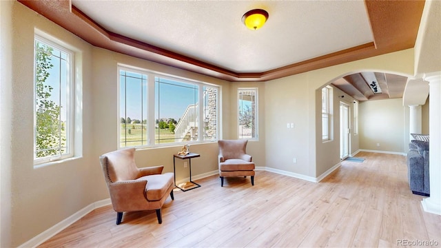 9353 E 146th Ave, Brighton, CO 80602 - living area featuring a tray ceiling, arched walkways, wood finished floors, and plenty of natural light