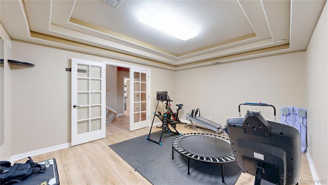 9353 E 146th Ave, Brighton, CO 80602 - workout room with french doors, a tray ceiling, and light wood-type flooring