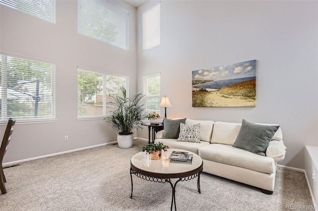 10230 Lauren Ct, Highlands Ranch, CO 80130 - carpeted living room featuring baseboards and a towering ceiling