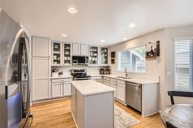 10230 Lauren Ct, Highlands Ranch, CO 80130 - kitchen with stainless steel appliances, a sink, a center island, tasteful backsplash, and light wood-style flooring