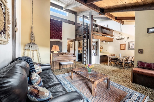 living room featuring wood ceiling, carpet flooring, a notable chandelier, beam ceiling, and a high ceiling