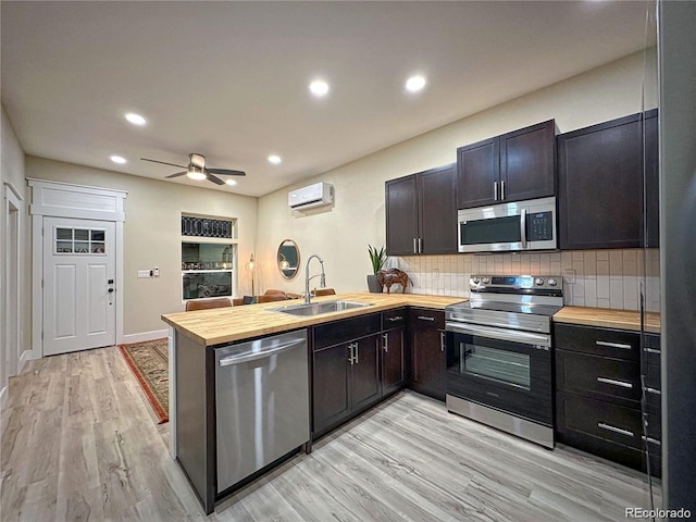 kitchen with a peninsula, a sink, stainless steel appliances, wooden counters, and backsplash