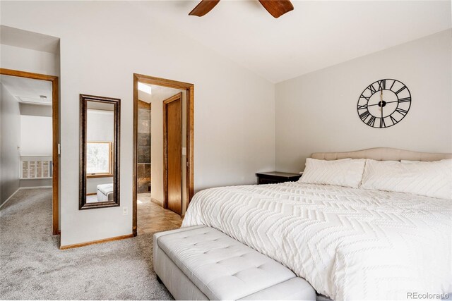 6386 S Pierson St, Littleton, CO 80127 - bedroom with vaulted ceiling, carpet flooring, a ceiling fan, and baseboards