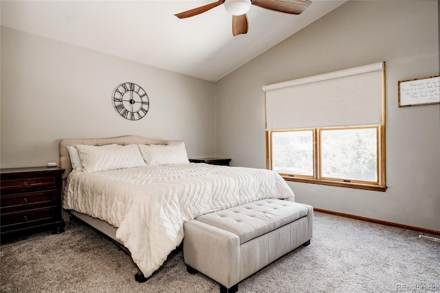 6386 S Pierson St, Littleton, CO 80127 - bedroom with carpet, vaulted ceiling, a ceiling fan, and baseboards