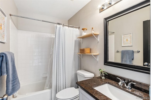 full bathroom featuring toilet, shower / bathtub combination with curtain, and vanity