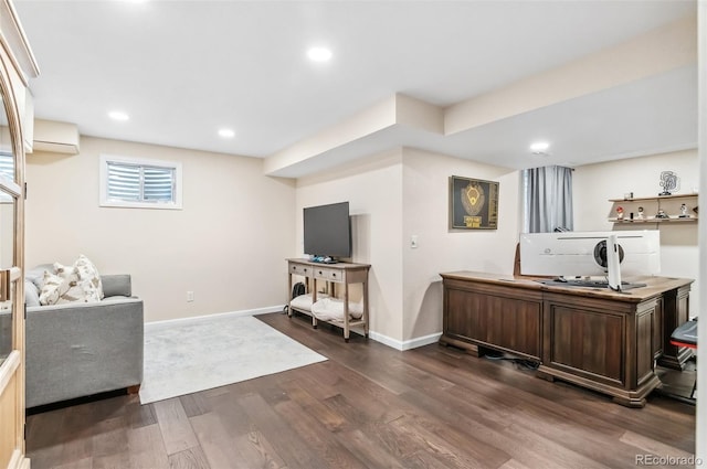 interior space with a wall mounted AC and dark wood-type flooring