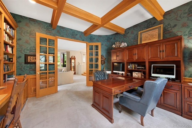 home office featuring coffered ceiling, light colored carpet, french doors, and beamed ceiling