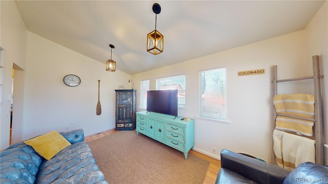 living room with light hardwood / wood-style flooring and vaulted ceiling