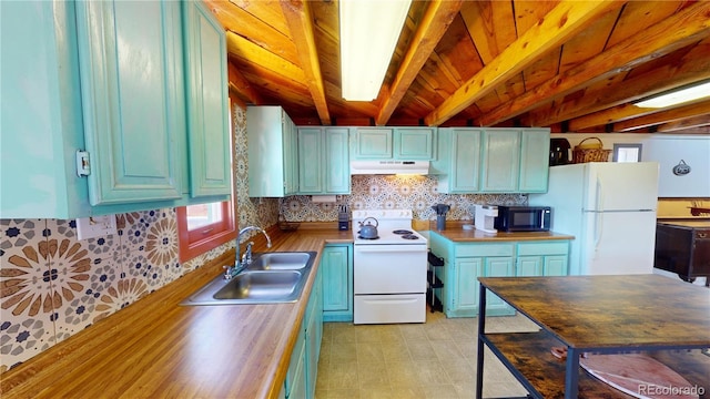 kitchen featuring sink, beamed ceiling, white appliances, butcher block counters, and wooden ceiling