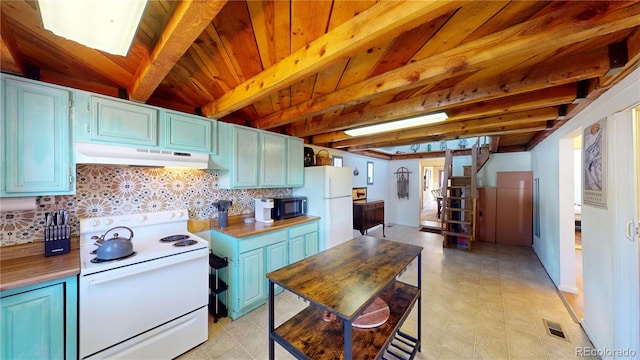 kitchen featuring tasteful backsplash, vaulted ceiling with beams, butcher block countertops, white appliances, and blue cabinets