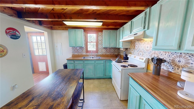 kitchen featuring sink, butcher block counters, white range with electric stovetop, and wooden ceiling