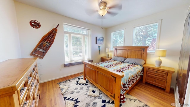 bedroom featuring ceiling fan and light wood-type flooring