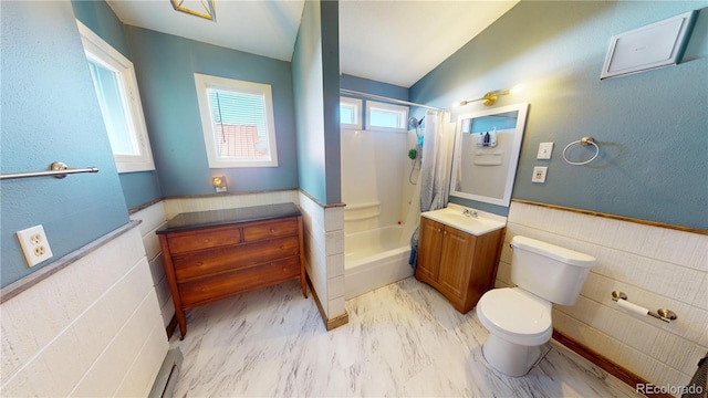 full bathroom with toilet, shower / tub combo, and vanity