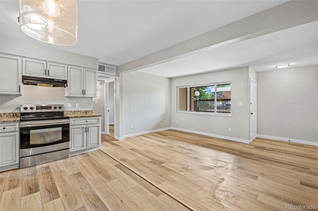 3663 S Sheridan Blvd Unit L6, Denver, CO 80235 - kitchen featuring stainless steel electric range oven, under cabinet range hood, light wood-style flooring, and light stone countertops