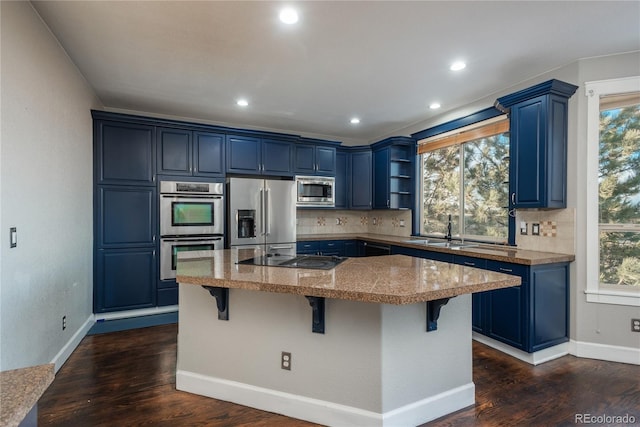kitchen featuring open shelves, blue cabinets, and stainless steel appliances