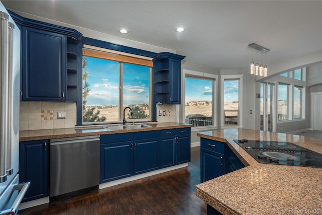 kitchen featuring a sink, blue cabinetry, open shelves, stainless steel appliances, and dark wood-style flooring