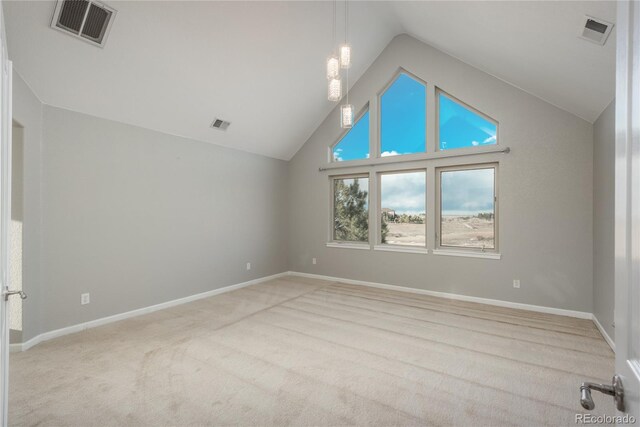 additional living space with visible vents, baseboards, carpet, and high vaulted ceiling