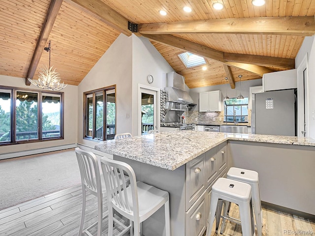 kitchen featuring white cabinets, wall chimney range hood, light hardwood / wood-style floors, and a skylight