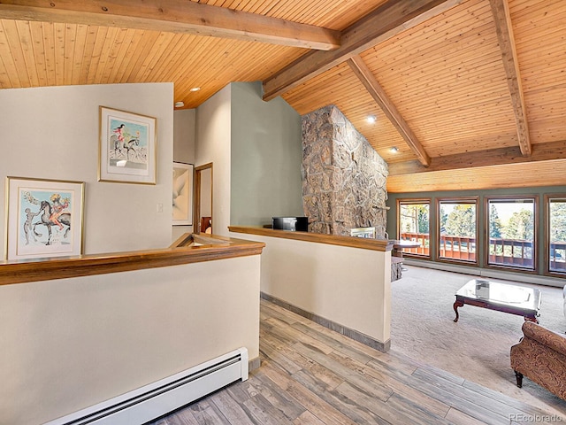 interior space with a baseboard radiator, hardwood / wood-style floors, lofted ceiling with beams, and wood ceiling