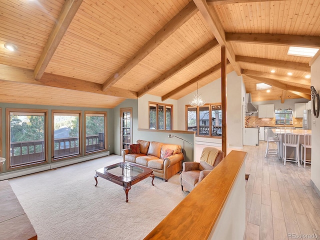 living room featuring a baseboard heating unit, wooden ceiling, light hardwood / wood-style flooring, a notable chandelier, and lofted ceiling with beams