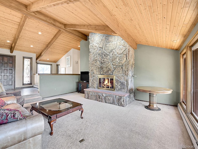 living room with carpet floors, baseboard heating, wooden ceiling, lofted ceiling with beams, and a fireplace