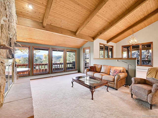 carpeted living room featuring beam ceiling, a baseboard radiator, an inviting chandelier, and wooden ceiling