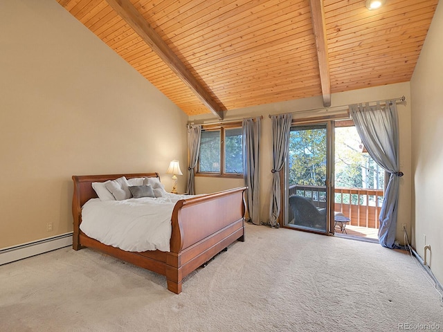 carpeted bedroom with lofted ceiling with beams, wood ceiling, and access to exterior