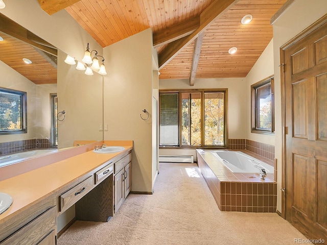 bathroom featuring a baseboard heating unit, vaulted ceiling with beams, a relaxing tiled tub, and wood ceiling