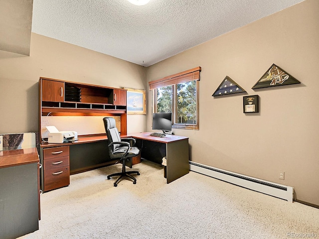 office space with a textured ceiling and baseboard heating