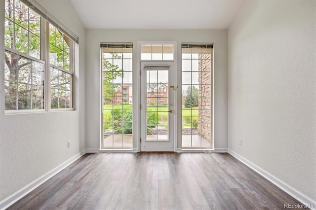 2824 W Centennial Dr Unit L, Littleton, CO 80123 - doorway featuring a textured wall, dark wood-type flooring, and baseboards