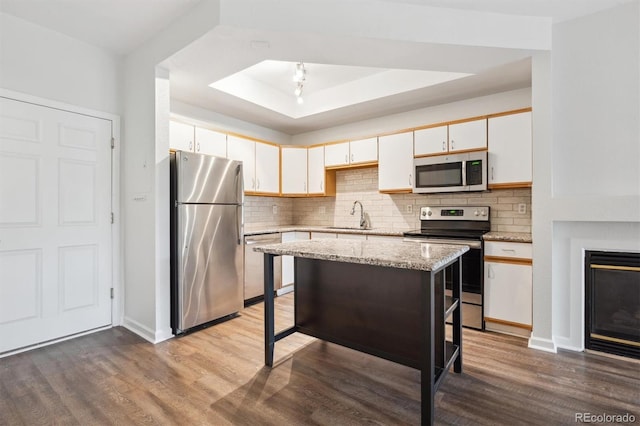 2824 W Centennial Dr Unit L, Littleton, CO 80123 - kitchen featuring appliances with stainless steel finishes, a sink, backsplash, and wood finished floors