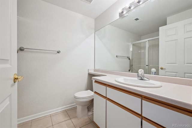 2824 W Centennial Dr Unit L, Littleton, CO 80123 - bathroom with a stall shower, toilet, baseboards, vanity, and tile patterned floors