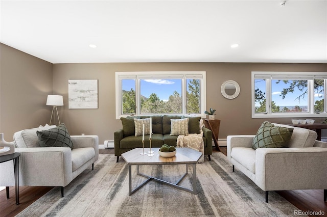 5 Sanford Rd, Colorado Springs, CO 80906 - living area with wood finished floors, a baseboard radiator, baseboards, and recessed lighting