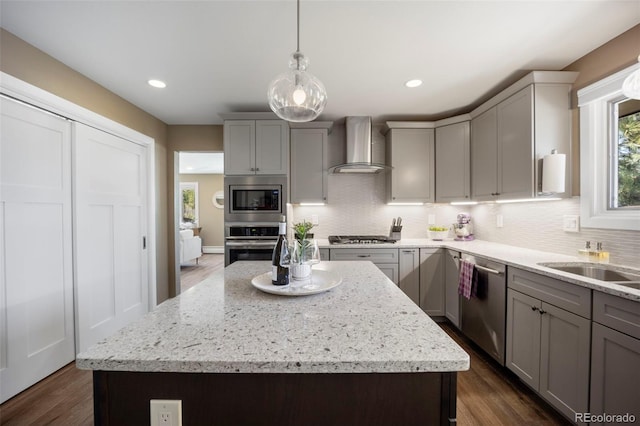 5 Sanford Rd, Colorado Springs, CO 80906 - kitchen featuring wall chimney exhaust hood, appliances with stainless steel finishes, gray cabinetry, and recessed lighting