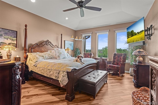 8070 W Progress Cir, Littleton, CO 80123 - bedroom with wood finished floors, recessed lighting, ceiling fan, and vaulted ceiling