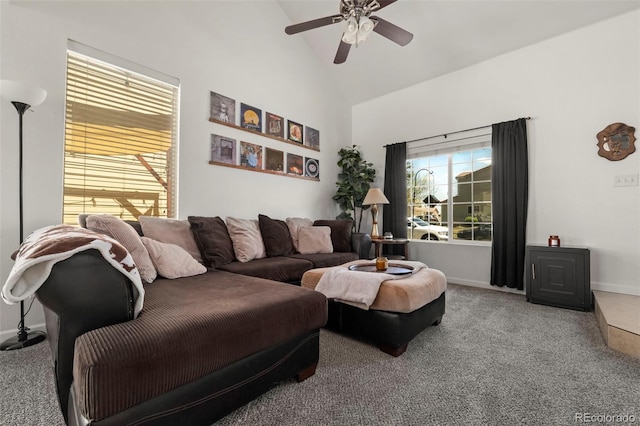 4713 Perth St, Denver, CO 80249 - living area featuring a ceiling fan, carpet, high vaulted ceiling, and baseboards