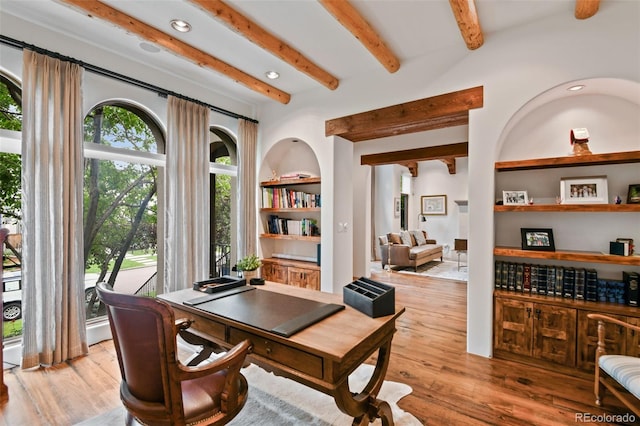 458 Adams St, Denver, CO 80206 - office space with beamed ceiling, light wood-style flooring, and recessed lighting